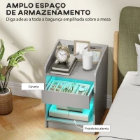 HOMCOM Mesa de Cabeceira com Luzes LED Gaveta Prateleira Estação de Carregamento Entrada USB e Controlo Remoto 40x40x58 cm Cinzento(m-6)