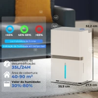 HOMCOM Desumidificador 35L/Dia para Áreas de 40-90 m² Indicador de Humidade Depósito de 5,5 Litros Temporizador 24h 35,5x27,5x52,2 cm Branco(m-3)