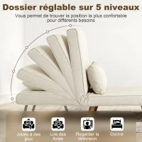 HOMCOM Fauteuil chauffeuse convertible 3 en 1 lit fauteuil lit 1 place dossier 5 positions en tissu avec coussin, crème(m-5)