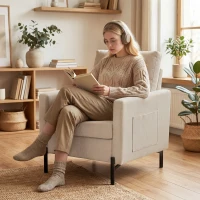 HOMCOM Fauteuil de salon, canapé 1 place rembourré avec accoudoirs, assise large et pieds en acier, 73 x 77 x 87 cm, beige(m-7)