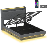 HOMCOM Estructura de cama 140 x 200 cm con cabecero y piecero, cama plataforma con almacenamiento hidráulico, luces LED(m-1)