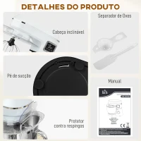 HOMCOM Batedeira Planetária 6L 1400W com Cabeçal Inclinável, 6 Velocidades, Função de Fermentação, Ecrã LED, Branco(m-8)