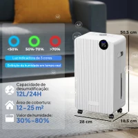 HOMCOM Desumidificador 12L/dia Depósito 2,1L Silencioso Desumidificador Elétrico com 4 Modos Ecrã LED Temporizador até 12-25㎡ Branco(m-3)