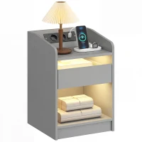 HOMCOM Mesa de Cabeceira com Luzes LED Gaveta Prateleira Estação de Carregamento Entrada USB e Controlo Remoto 40x40x58 cm Cinzento(m-10)