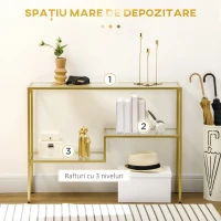 HOMCOM Consola aurie, Masuta de cafea din sticla temperata 100 cm, Masa pentru hol cu rafturi de depozitare, Cadru din otel pentru sufragerie, Hol(m-4)