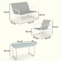 Outsunny Conjunto de Jardim Exterior de 4 Peças com Sofá de 2 Lugares, 2 Poltronas e Mesa de Vidro Temperado, Tecido Textilene Cinzento Claro(m-3)