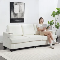 HOMCOM 3 Seater Sofa with USB Ports & Cup Holders - Cream White(m-2)