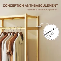HOMCOM Portant à vêtements à roulettes, porte-manteau en bambou avec 2 étagères et tringle suspendue, 70x35x175cm, bois naturel(m-7)