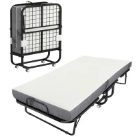 HOMCOM Lit pliant 1 personne 200 x 80 cm avec matelas, lit d'appoint pliable et portable sur roulettes, cadre en acier, blanc(m-12)