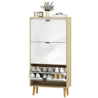 HOMCOM Sapateira Estreita com 3 Portas em Branco Brilhante Prateleiras Ajustáveis Pernas de Madeira para 18 Pares de Sapatos 60x24x127 cm(m-11)