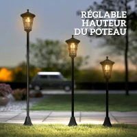 Outsunny Lot de 2 Lampadaires Solaires 1,86 m pour Jardin, Lampes de Rue en Acier Inoxydable à Hauteur Réglable Noir(m-8)