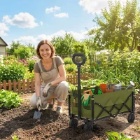 Outsunny 60L Foldable Festival Trolley on Wheels, Collapsible Wagon Cart with Drop-Down Tailgate, Adjustable Handle, Green(m-9)
