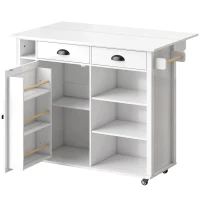 HOMCOM Kücheninsel mit Rollen, klappbare Arbeitsplatte, Gewürzregal, Handtuchhalter, Schrank, 2 Schubladen, 117,5x70x91 cm, Weiß(m-1)