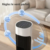 HOMCOM Ventilateur colonne, ventilateur tour pour chambre, oscillant 70°, écran LED, télécommande, minuterie 12H, blanc et noir(m-6)