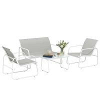 Outsunny Conjunto de Jardim Exterior de 4 Peças com Sofá de 2 Lugares, 2 Poltronas e Mesa de Vidro Temperado, Tecido Textilene Cinzento Claro(m-10)