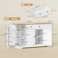 HOMCOM Buffet cuisine, meuble de rangement avec tiroir, 4 portes, étagères réglables et 6 racks de porte, 138x40x83,5cm, blanc(m-3)