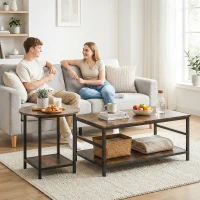 HOMCOM Salontafel-set, 2-delig, rechthoekige en ronde tafel met 2-niveaus opbergruimte, rustiek bruin(m-9)