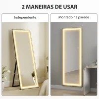 HOMCOM Espelho de Pé  com Luzes 165x60 cm 3 Temperaturas de Cor Brilho Ajustável Independente ou de Parede Branco e Preto(m-6)