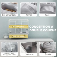 PawHut Cage pour hamster  à 2 niveaux avec roue de course salle de bain en sable pour hamster nain 44,5 x 28 x 44 cm gris(m-4)