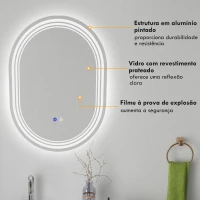 kleankin Espelho Casa de Banho com Iluminação 70x50 cm Espelho de Parede com 3 Cores de Luz Brilho Ajustável Função Anti-Embaciamento Função Memória(m-7)