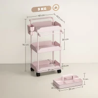 HOMCOM Carrinho Auxiliar com Rodas de 3 Níveis com Cestos Extraíveis Suporte para Toalhas e Estrutura de Metal 42x42,5x76 cm Rosa(m-3)