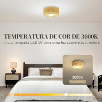 HOMCOM Candeeiro de Teto com Lâmpada LED G9 20W 3000 K Candeeiro de Teto Boémio com Ecrã de Corda de Linho Ø30x16 cm Castanho Claro(m-5)