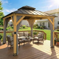 Outsunny 3 x 3 m Outdoor Hardtop Gazebo Canopy with 2-Tier Steel Roof, Wood Garden Gazebo with Curtains, Grey(m-2)