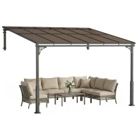 Outsunny 3.4 x 3 m Metal Lean-to Pergola, Wall-Mounted Garden Pergola with Polycarbonate Roof and Metal-Aluminium Frame, Heavy Duty Hardtop Gazebo for Outdoor Patios, BBQ, Brown(m-10)