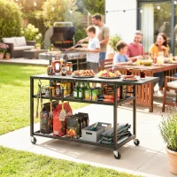 Outsunny Desserte jardin chariot de barbecue sur roulettes avec Plateau Latéral Pliable, Trois Étagères, 133 x 48,5 x 82 cm, Noir(m-10)
