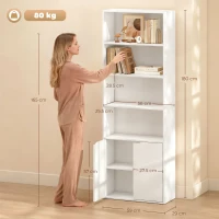 HOMCOM 6-Tier Tall Bookcase, Bookshelf with 4 Open Shelves and Double Door Storage Cabinet, Freestanding Display Rack for Living Room, Bedroom, Home Office, Study, 59 x 29 x 180cm, White(m-3)