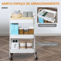 HOMCOM Carrinho Auxiliar com Rodas de 3 Níveis Carrinho de Cozinha com 3 Cestas de Aço e 1 Bancada de Madeira 45x31x79,4 cm Branco(m-4)