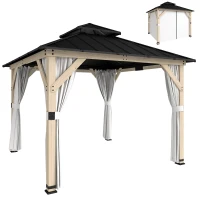 Outsunny 3 x 3 m Outdoor Hardtop Gazebo Canopy with 2-Tier Steel Roof, Wood Garden Gazebo with Curtains, Light Grey(m-10)