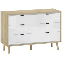 HOMCOM Cómoda 6 Gavetas Cómoda Quarto com Pernas de Madeira Estilo Moderno 110x40x75 cm Branco Brilhante e Carvalho(m-1)