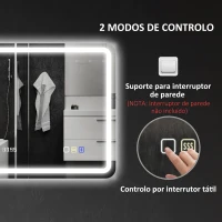 HOMCOM Espelho de Casa de Banho com Luz LED 70x50 cm Bluetooth 3 Cores de Luz Relógio Digital Função Antiembaciamento Memória Prata(m-9)