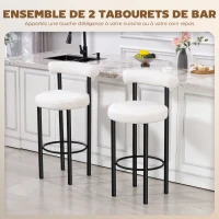 HOMCOM Lot de 2 tabourets de bar, chaises de bar en tissu bouclette avec dossier incurvé, repose-pieds, 50x52,5x98cm, blanc(m-4)