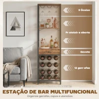 HOMCOM Móvel de Bar para Vinhos com Suporte de Copos e Gaveta Garrafeira para 12 Garrafas com Prateleira Aberta Castanho Rústico(m-4)