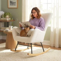 HOMCOM Poltrona Baloiço em Borrego Poltrona para Amamentação com Encosto Acolchoado Almofada e Base de Madeira de Borracha 67x82x100 cm Creme(m-9)