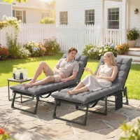 Outsunny Folding Sun Loungers for Garden Set of 2, 5-Position Oversized Camping Bed Recliner with Cushions, Dark Grey(m-2)