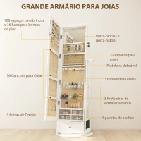 HOMCOM Espelho de Pé Giratório 360° com Espelho com Interior Iluminado Organizador de Jóias com Prateleiras e Gavetas 56x56x164 cm Branco(m-6)