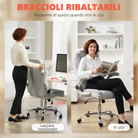 HOMCOM Sedia Ergonomica, Schienale Alto Velluto Stampato, Braccioli Ribaltabili, Bianco Crema(m-7)