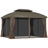 Outsunny 3.65 x 3(m) Hardtop Steel Gazebo Canopy with Aluminium Frame, Double Roof, Net Sidewalls and Curtains, Coffee(m-10)