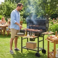 Outsunny Charcoal Grill, Barrel BBQ Smoker with Warming Rack, Charcoal BBQ Grill with Foldable Shelves, Natural Wood and Black(m-9)