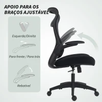 HOMCOM Cadeira de Escritório Ergonómica com Suporte Lombar e Apoios de Braços 3D Dobráveis Função de Basculante 64x65x108-118 cm Preto(m-6)
