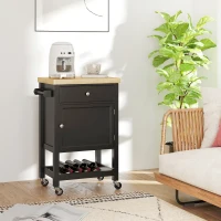 HOMCOM Desserte de cuisine à roulettes, chariot de service, plan de travail en bois d'hévéa, tiroir, 63,5 x 40 x 90 cm, noir(m-7)