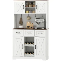HOMCOM Amário de Cozinha Alto com Suporte para 8 Garrafas 4 Portas 3 Gavetas Prateleiras Abertas100x38x172 cm Branco(m-12)