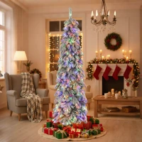 HOMCOM Árvore de Natal Estreita 225 cm Árvore de Natal Nevada com Luzes LED Temporizador 11 Modos de Iluminação Verde(m-11)