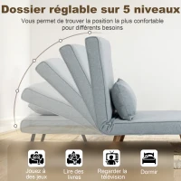 HOMCOM Fauteuil chauffeuse convertible 3 en 1 lit fauteuil lit 1 place dossier 5 positions en tissu avec coussin, gris(m-5)