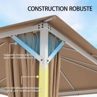 Outsunny Tonnelle de Jardin Pavillon Structure Stable en Métal 60mm Protection UV50+ et 10 Trous de Drainage 394x294x255cm Khaki(m-4)