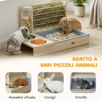 PawHut Mangiatoia per Fieno con Portafieno e Lettiera, Stazione Alimentazione, Colore Legno Naturale(m-7)