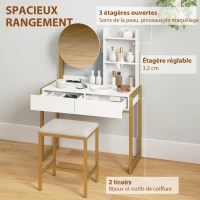 HOMCOM Coiffeuse avec miroir et tabouret, station de charge, table de maquillage avec 2 tiroirs, 3 étagères ouvertes, blanc(m-6)